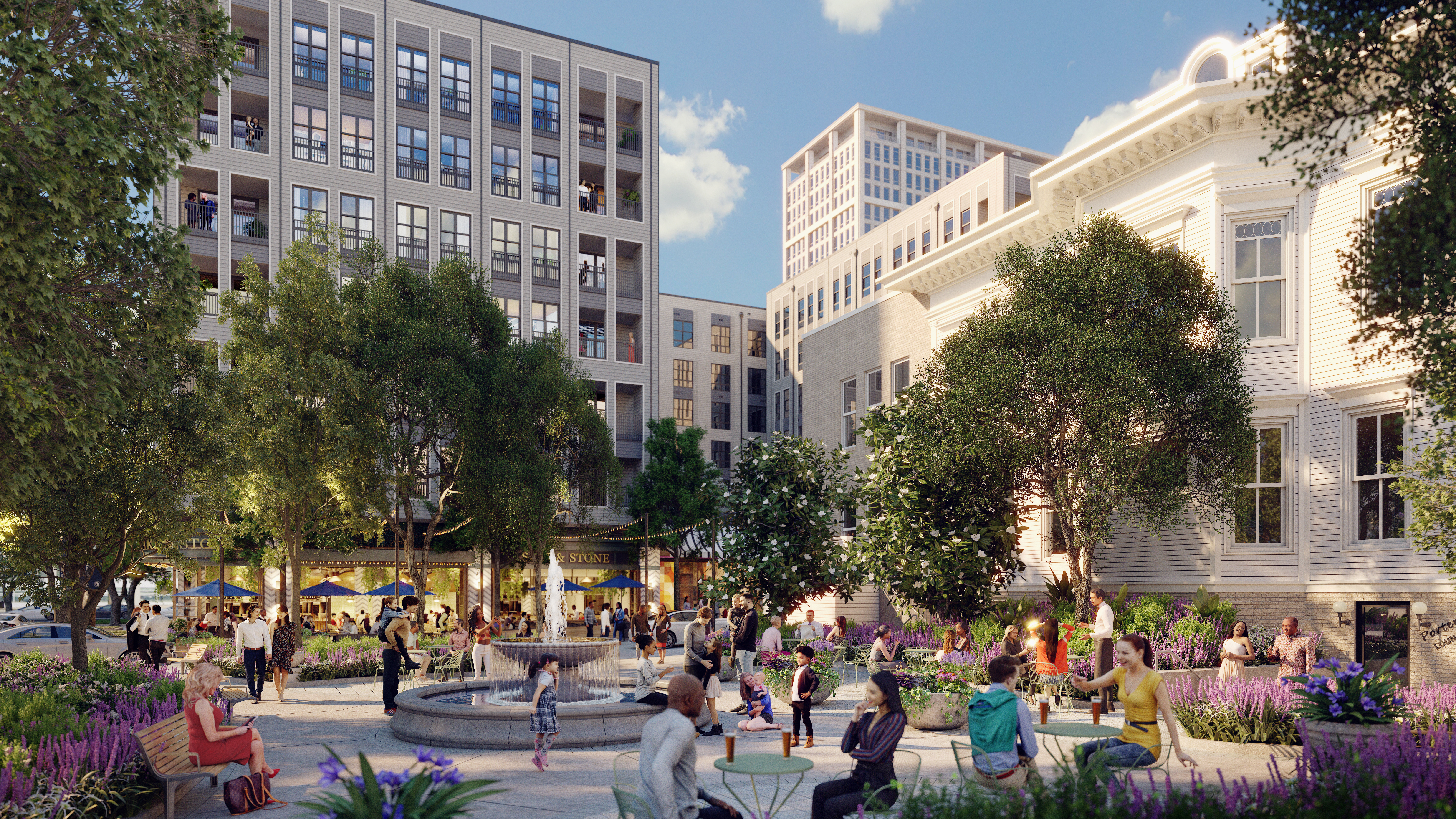 Pearl Square rendering — plaza with fountain, café seating, and residences, Downtown Jacksonville